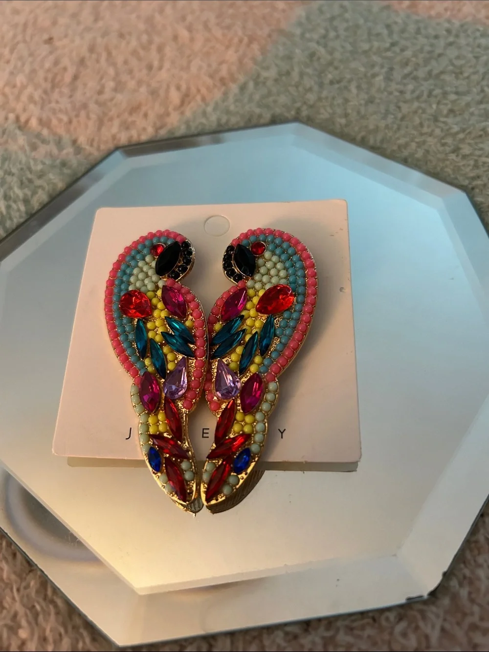 Handmade Beaded Flamingo & Colorful Parrot Statement Earrings - Pink, Multi - Picture 2 of 11